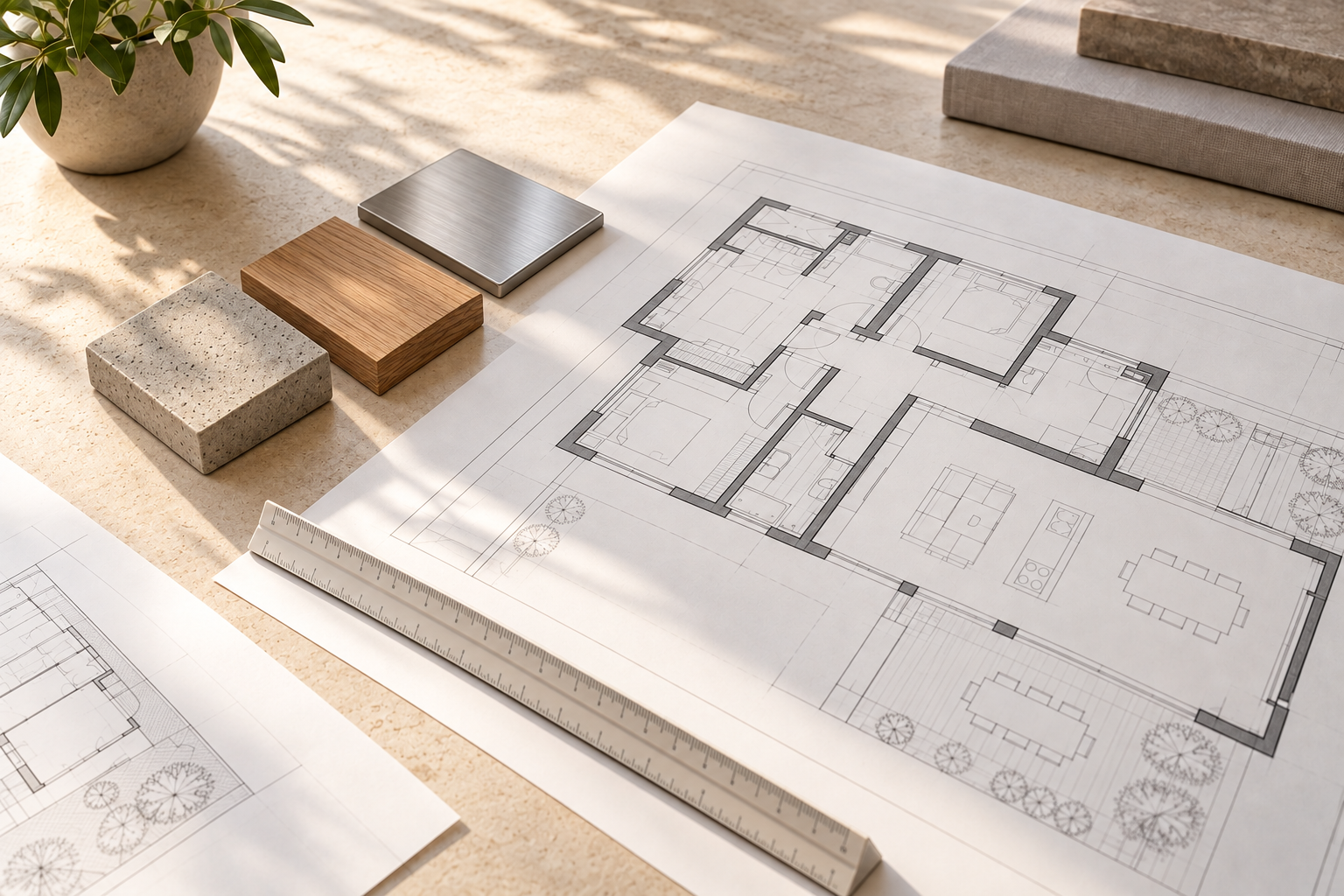 Planos arquitectónicos y muestras de concreto, madera y metal, imagen ilustrativa